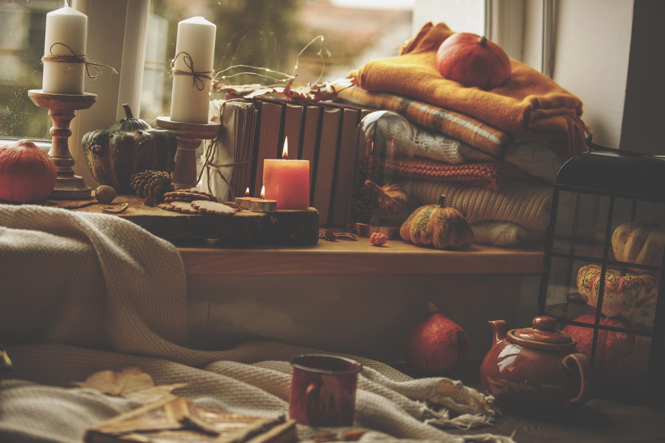 Autumn objects arranged by a window in soft daylight