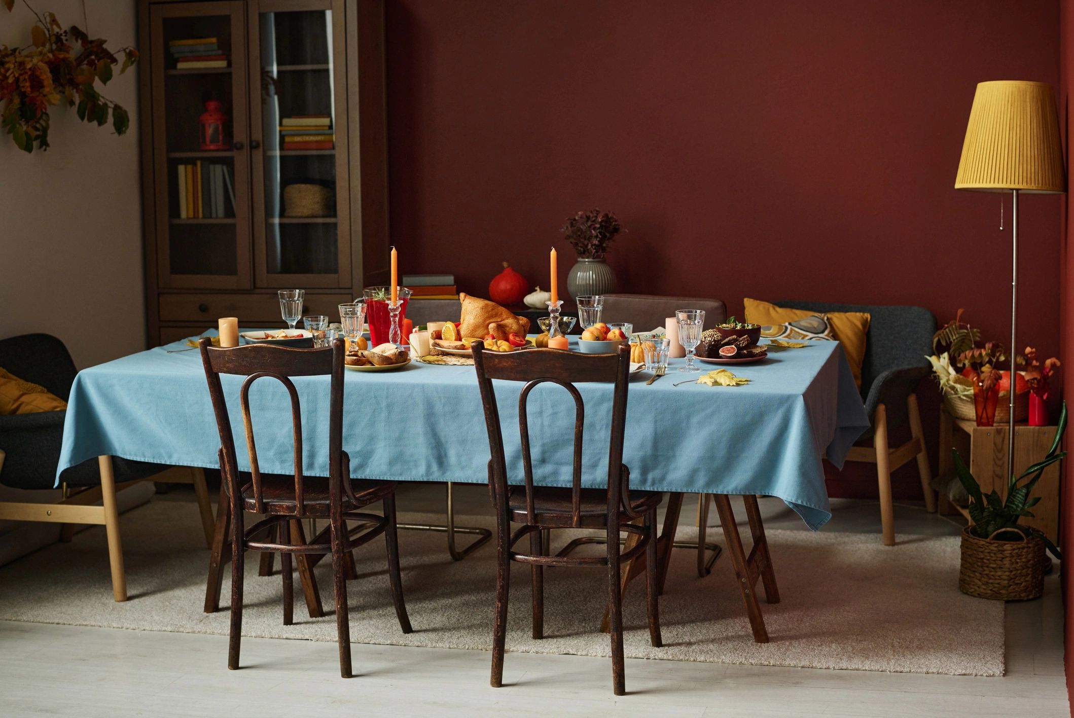 Festive living room with a beautifully set seasonal table