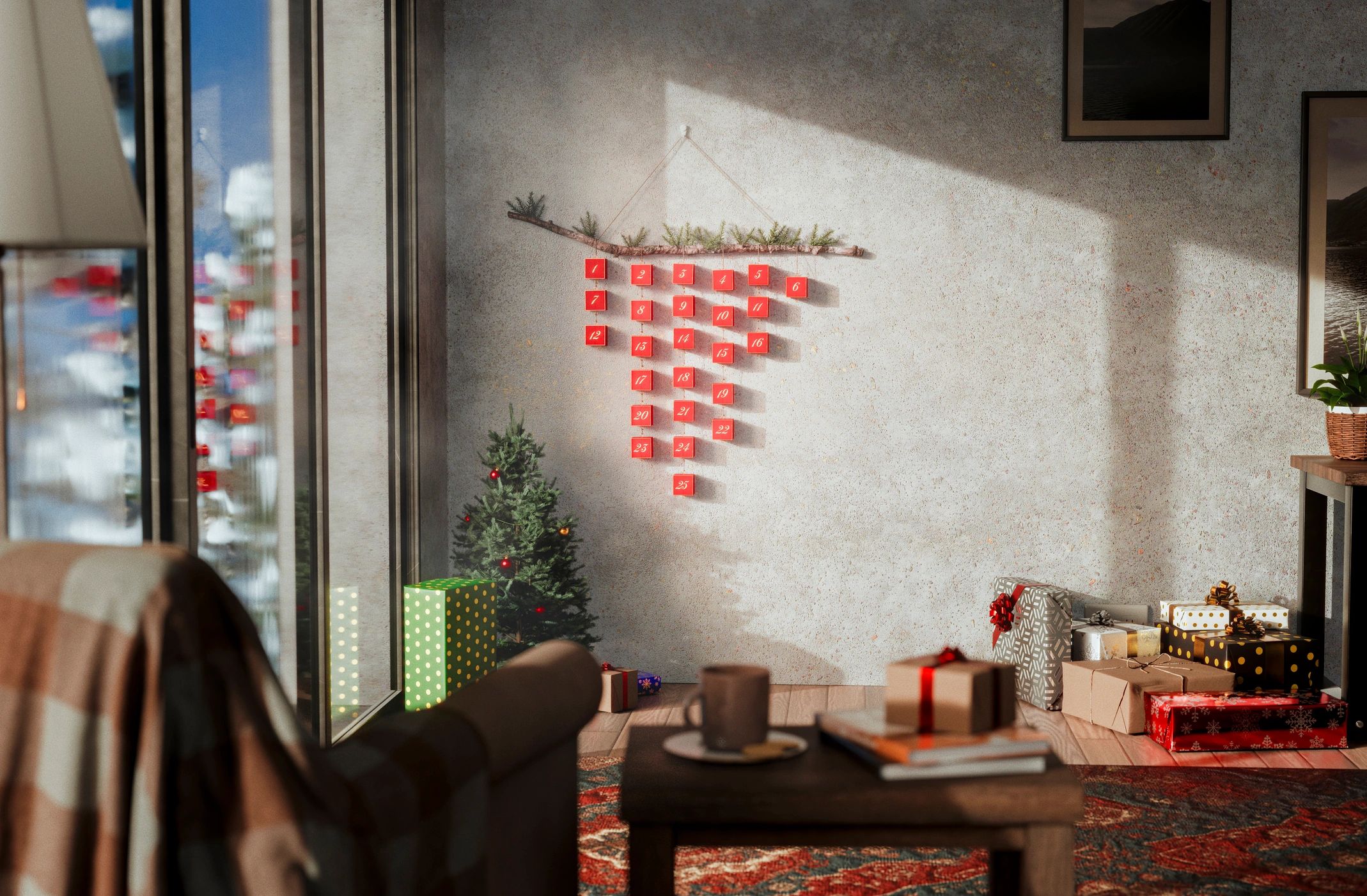 Cozy seasonal living room with holiday decor and warm details