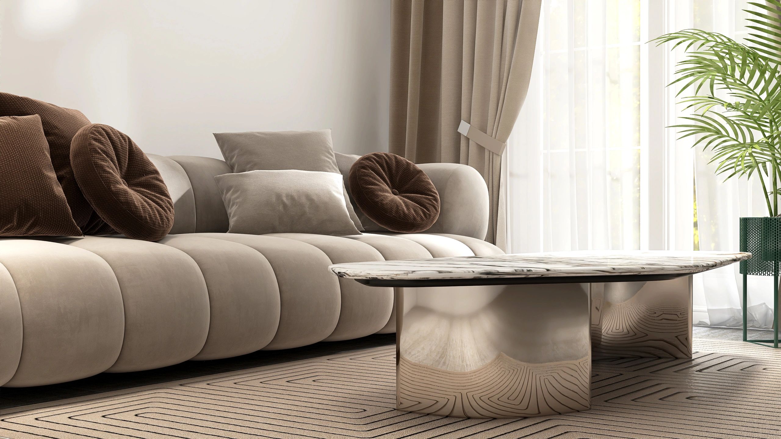 Elegant cozy living room with soft neutral seating and warm sunlight