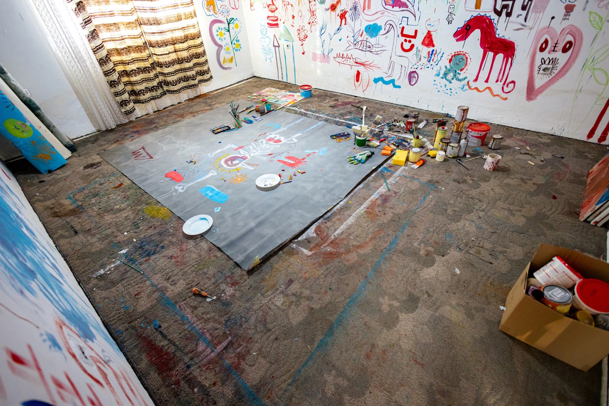 Large scale abstract painting in creative art studio