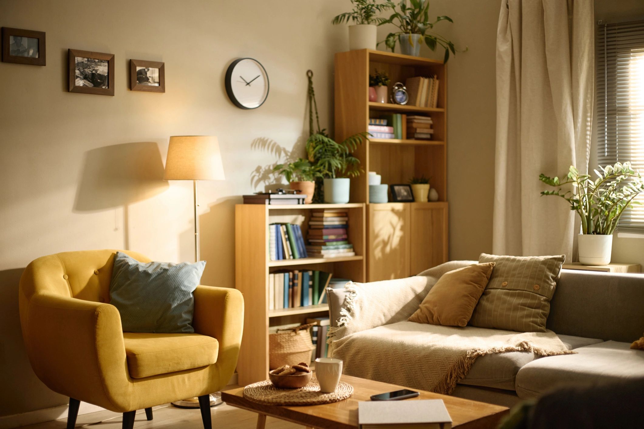 Warm home interior with sofa, bookshelf, plants, and coffee table