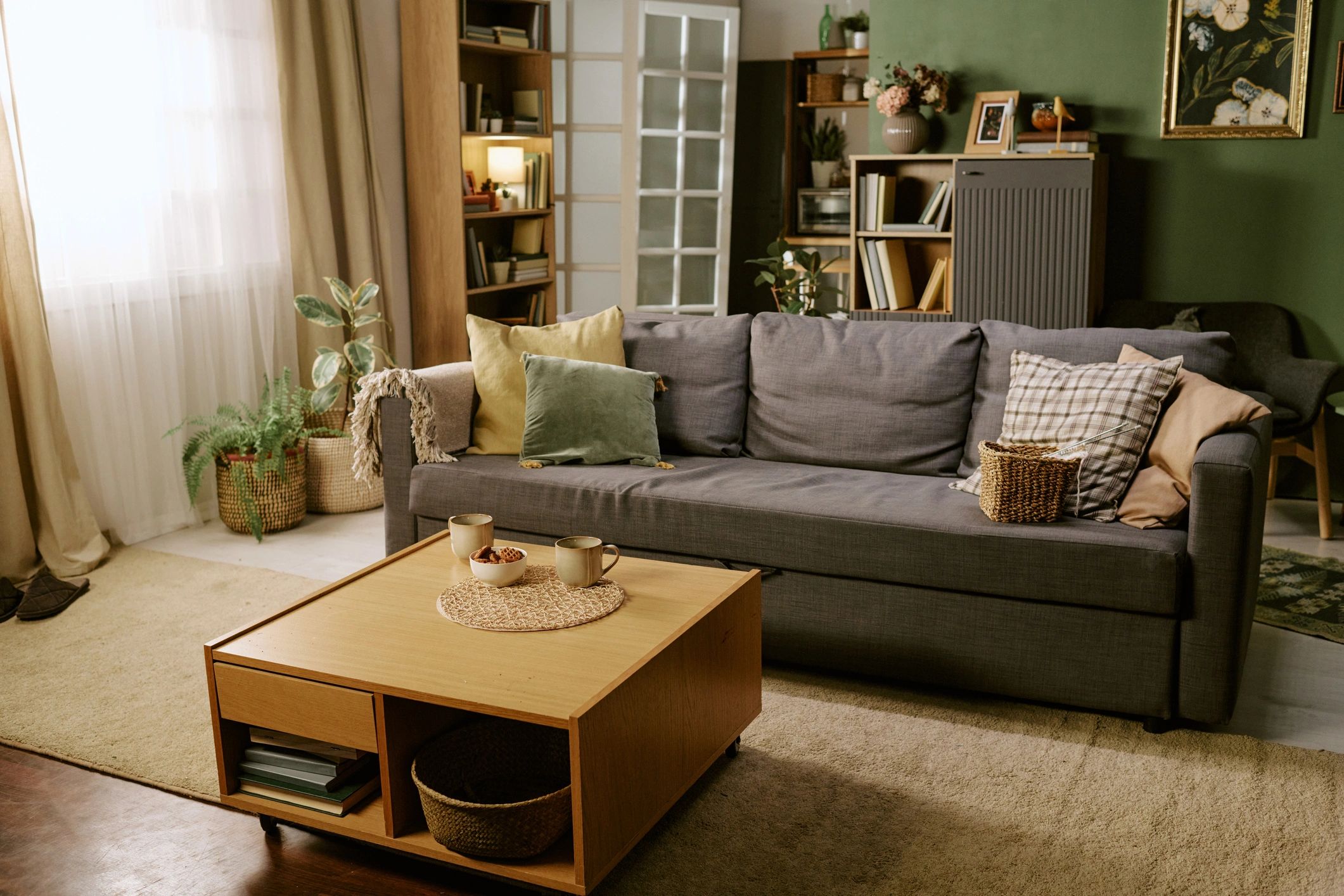 Warm cozy home interior with soft textures and calm styling