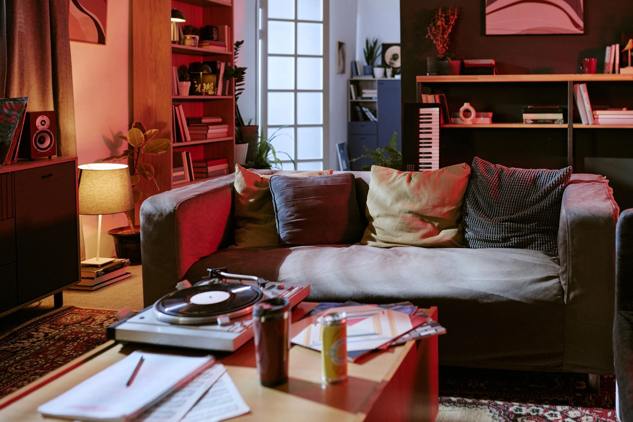 Modern living room with cozy creative home setup